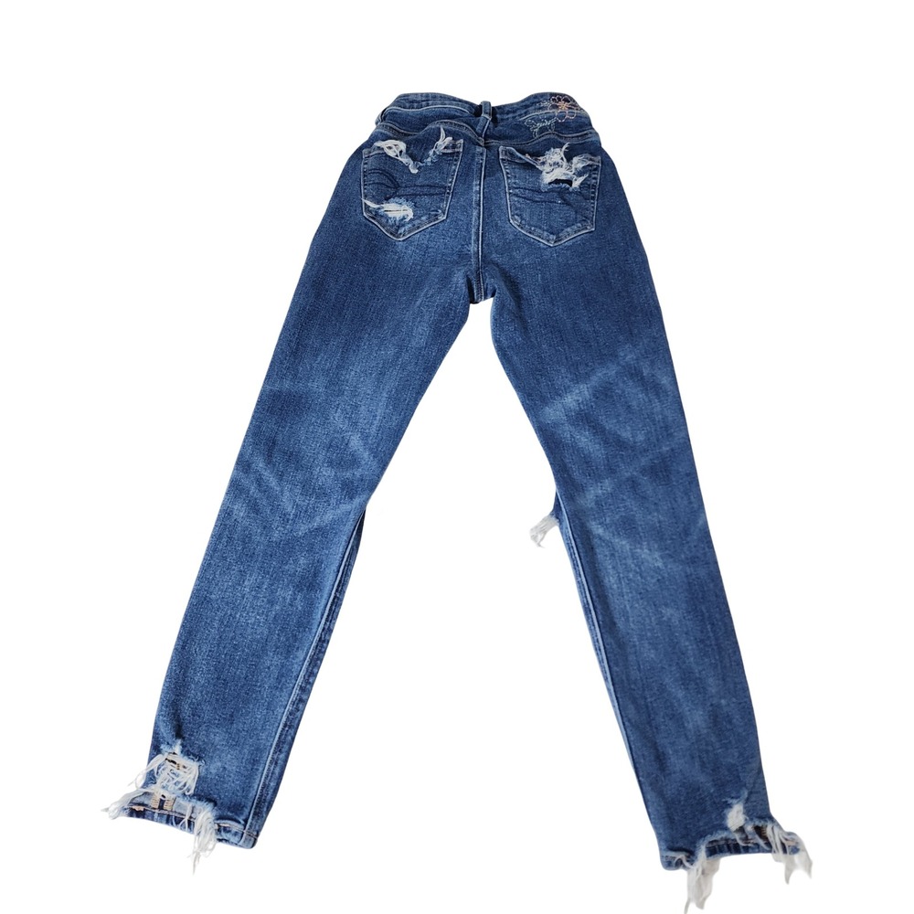 American Eagle Strigid Distressed Mom Jeans Dark Wash Floral Embroidery Size 000 - Picture 11 of 13